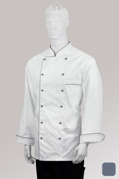 Kochjacke Maxime weiß - farbig gepaspelt - blue shadow