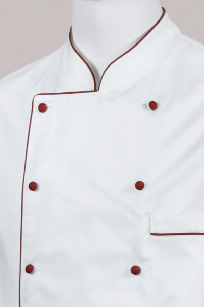 Kochjacke Maxime weiß - farbig gepaspelt - cherry