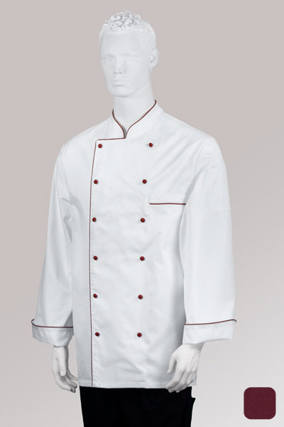 Kochjacke Maxime weiß - farbig gepaspelt - cherry