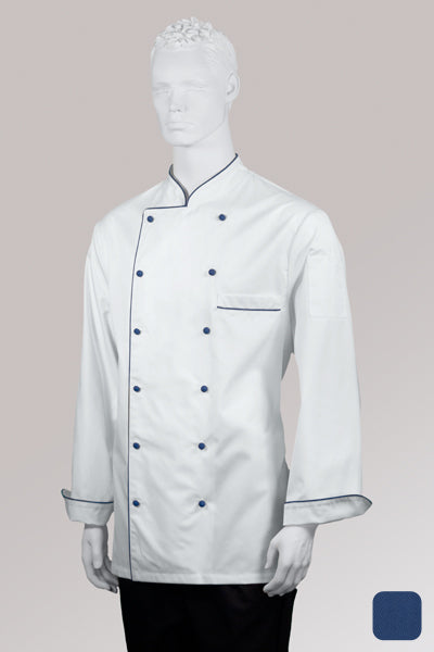 Kochjacke Maxime weiß - farbig gepaspelt - königsblau