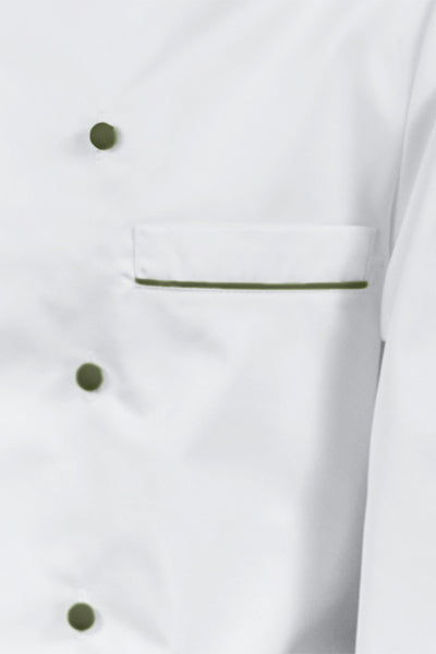 Kochjacke Maxime weiß - farbig gepaspelt - olive