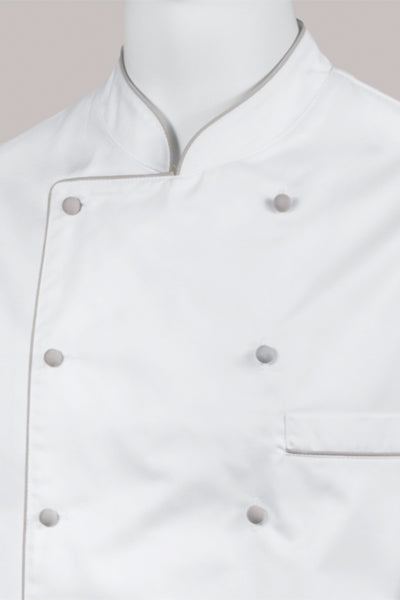 Kochjacke Maxime weiß - farbig gepaspelt - hellgrau