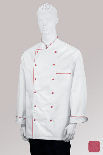 Kochjacke Maxime weiß - farbig gepaspelt - strawberry