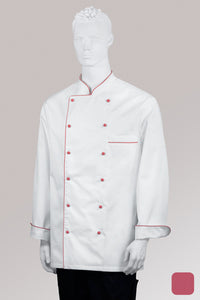 Kochjacke Maxime weiß - farbig gepaspelt - strawberry